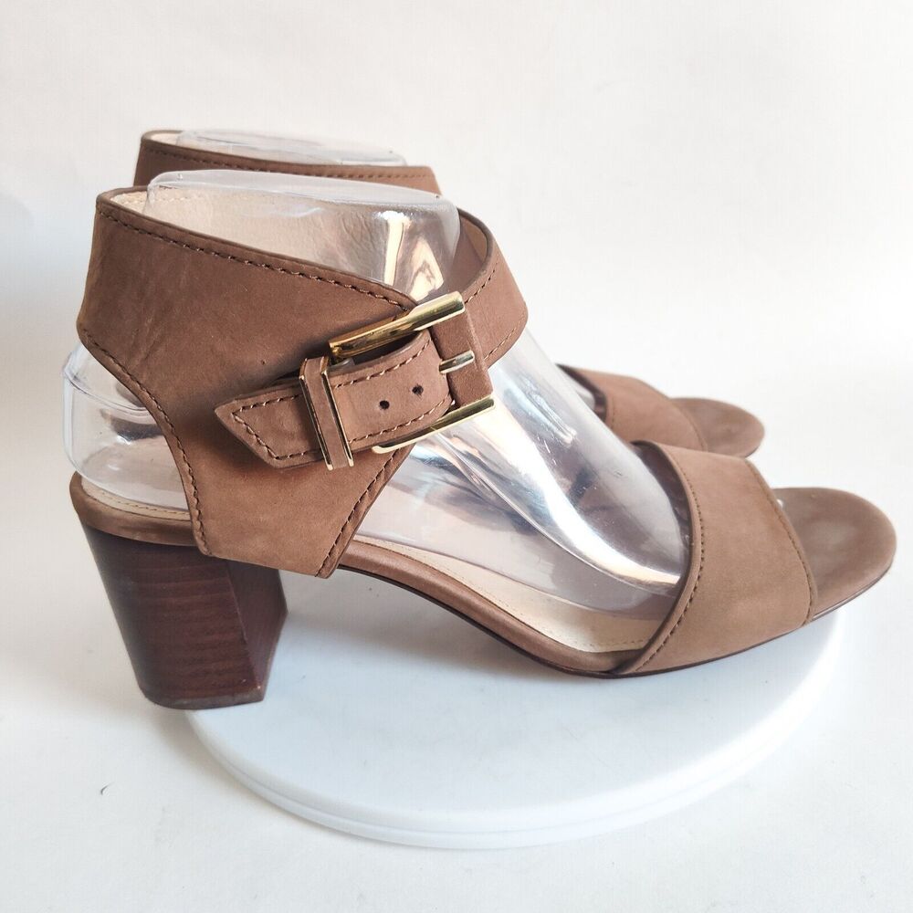 Louise Et Cie Taupe Leather Open Toe 3" Block Heel Ankle Strap Sandals 8 /38 EUC